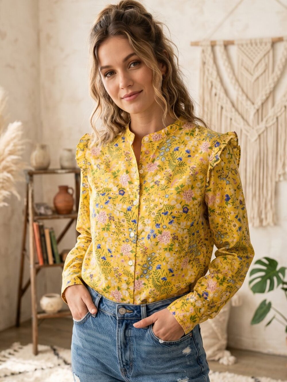Old Navy Ditsy Floral Top Size S Yellow Button LS Cottage Boho Ruffle Cotton